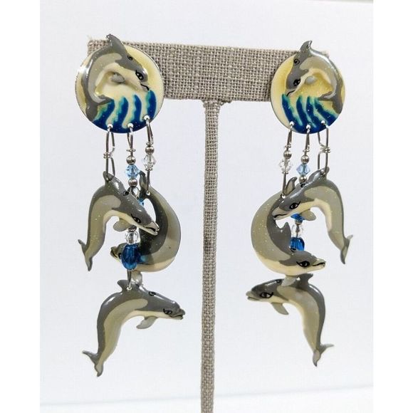 Lunch at the Ritz Dolphin Dance Dangle stud Earrings 14k gold posts rare retired - Picture 7 of 10